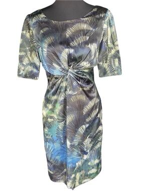 Tahari ASL Tropical Print Satin Scoop Neck Knot Short Sleeve Midi Dress (8)